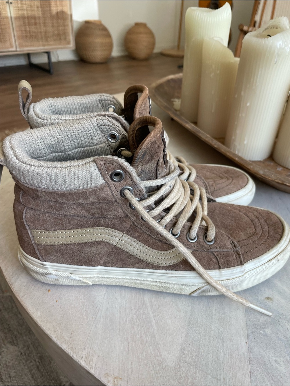 Vans Brown Suede High Top Sneakers with Cream Stripe